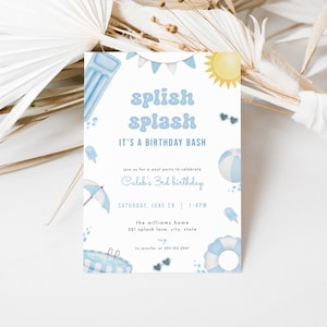 Blue Pool Party Birthday Invitation Template for Boy Summer Splish Splash Birthday Invite | SORLEY Collection