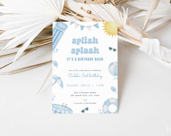 Blue Pool Party Birthday Invitation Template for Boy Summer Splish Splash Birthday Invite | SORLEY Collection
