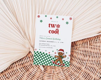 Two Cool 2nd Birthday Invitation Template for Red Green Boy Snowboard Gingerbread Winter Second Birthday Invite Download | SKADI Collection