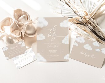 Oh Baby Modern Neutral Cloud Baby Shower Invitation Bundle Template | ANAN Collection