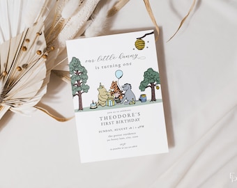 Classic Winnie the Pooh Birthday Invitation Template for Pooh Little Hunny Blue Boy 1st Birthday Party Invite | ERNEST Collection