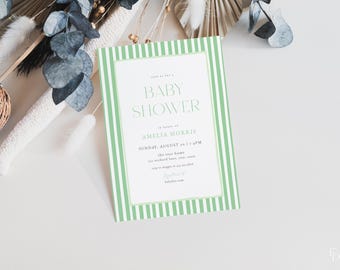 Green Baby Shower Invitation Template Gender Neutral Hand Drawn Green Stripes Green Baby Shower Invite Digital Download | EDMOND Collection