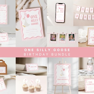 Pink One Silly Goose 1st Birthday Bundle Template for Girl One Silly Goose First Birthday Party Invitation Bundle Set | BURDETT Collection
