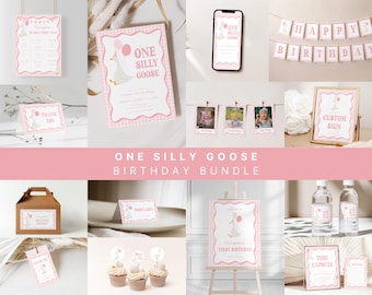 May include: A collection of pink and white birthday party supplies with a goose theme. Includes invitations, banners, signs, cupcake toppers, water bottle labels, and more. The text "One Silly Goose Birthday Bundle" is displayed.