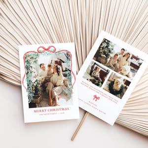 Christmas Greenery Photo Christmas Card Template for Two-Sided Red Bow Garland Family Photo Christmas Card | MEREDITH Collection