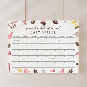 Football Baby Shower Guess the Due Date Calendar Game Sign Template for Red Boy Little All-Star Baby Shower Arrival | DEVLIN Collection