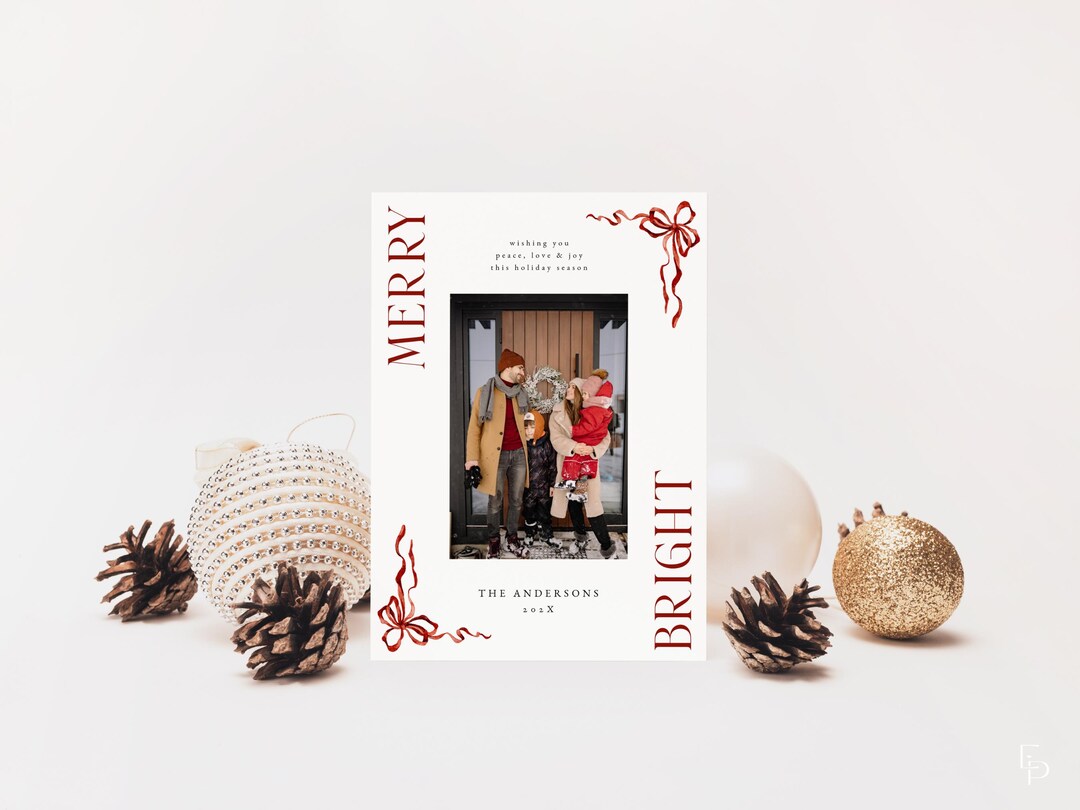 Red Bow Christmas Card Template for Editable Classic Holiday Merry ...