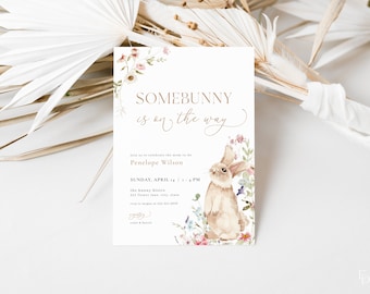Bunny Baby Shower Invitation Template Editable Rabbit Some Bunny Easter Spring Baby Shower Invite Digital Download | AWLAGH Collection
