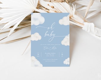Oh Baby Modern Blue Cloud Baby Shower Invitation Template | ANAN Collection
