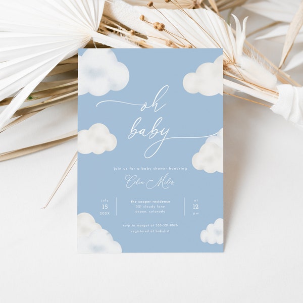 Oh Baby Modern Blue Cloud Baby Shower Invitation Template for Cloud Baby Shower Invite Editable Digital Download | ANAN Collection