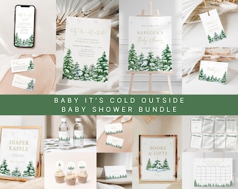 Puede incluir: Un conjunto de papelería para baby shower Baby It's Cold Outside con artículos de papel blanco, texto dorado e ilustraciones en acuarela de pinos. Incluye invitaciones, carteles de bienvenida, etiquetas, tarjetas de rifa y juegos.