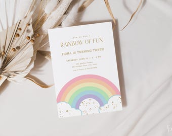 Rainbow Birthday Invitation Template Editable Girl Gold Pastel Magical Rainbow Birthday Party Invite Digital Download | ELIANA Collection