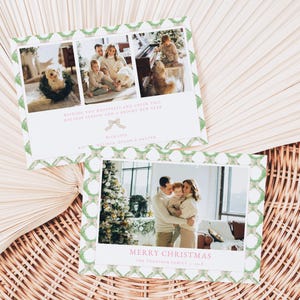 Grandmillenial Christmas Card Template for Landscape Pastel Pink Chinoiserie Bow Christmas Holiday Family Photo Card | DOROTHEA Collection