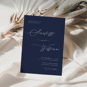 Modern Calligraphy Navy Blue Wedding Invitation Template with Photo | LAZULI Collection