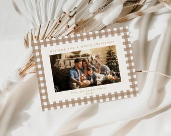 Beige Plaid Christmas Photo Card Template for Modern Tartan Picture Holiday Card Editable Digital Download | HARMONIA Collection