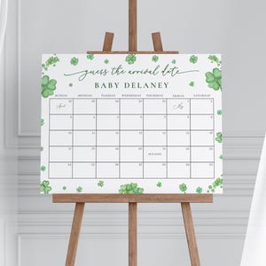 Little Shamrock Baby Shower Guess the Due Date Calendar Game Sign Template for Irish St Patricks Baby Shower Arrival | TEAGAN Collection