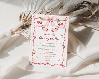 Cherry on Top Baby Shower Invitation Template Editable Girl Pink Coquette Bow Cherry Baby Shower Invite Digital Download | CERISE Collection