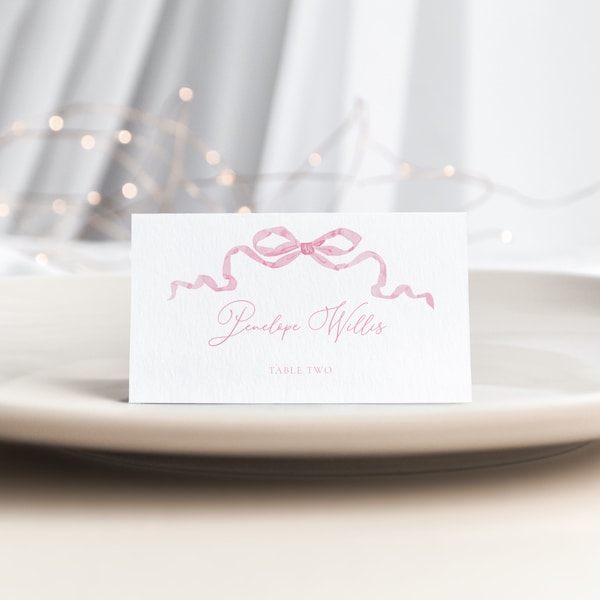 She's Tying the Knot Place Card Template for Pink Bow Bridal Shower Name Card or Buffet Card | LORELEI Collection