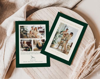 Green Christmas Photo Card Template for Modern Dark Green Portrait Family Picture Holiday Card | HARMONIA Collection