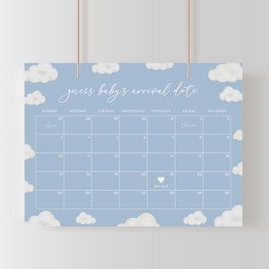 Oh Baby Modern Blue Cloud Baby Shower Guess the Due Date Calendar Game Sign Template | ANAN Collection