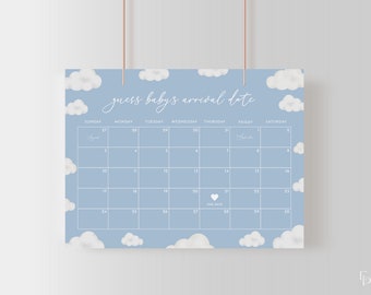 Könnte beinhalten: Ein blaues und weißes Babyparty-Spiel mit einem Kalender, auf dem die Gäste das Ankunftsdatum des Babys erraten können. Der Kalender hat ein Wolkenmuster und den Text "guess baby's arrival date".