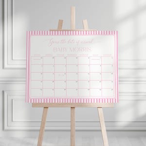 Girl Baby Shower Guess the Due Date Calendar Game Sign Template for Hand Drawn Pink Stripes Pink Baby Shower Arrival | EDMOND Collection