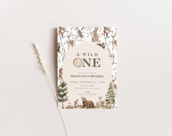 Woodland Wild One Birthday Invitation Template for Wooland Forest Animals First Birthday Party Invite Digital Download | HELENA Collection