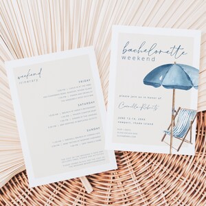 May include: Two invitation cards with a beach theme. One card reads "weekend itinerary" with a list of activities. The other card says "bachelorette weekend" with a watercolor illustration of a beach umbrella and chair.