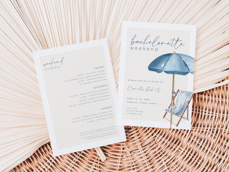 May include: Two invitation cards with a beach theme. One card reads "weekend itinerary" with a list of activities. The other card says "bachelorette weekend" with a watercolor illustration of a beach umbrella and chair.