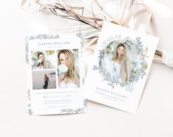 Dusty Blue Wildflower Graduation Announcement Card Template Blue Floral Photo Graduation Party Invite Digital Download | INDIVAR Collection