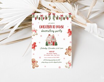 May include: A white invitation card with a watercolor design for a gingerbread house decorating party. The card features gingerbread men, a gingerbread house, and festive decorations. The text includes the date, time, and location.