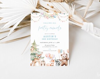 Puede incluir: Una invitación de acuarela para una fiesta de cumpleaños de 2 años con un tema de bosque. La invitación presenta una pancarta azul con el texto "Calling all party animals" y una ilustración de acuarela de una escena de bosque con animales como un ciervo, un mapache, un zorro y un oso.