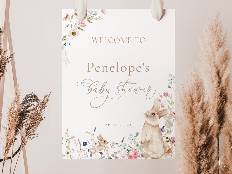 Penelope Rabbit Sign Bunny Baby Shower Welcome Sign Template Editable Easter Spring Bunny ...