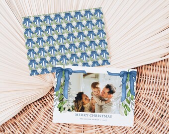 Blue Bow Christmas Card Template for Landcape Blue Velvet Bow Christmas Greenery Holiday Family Photo Card | NATHANIEL Collection