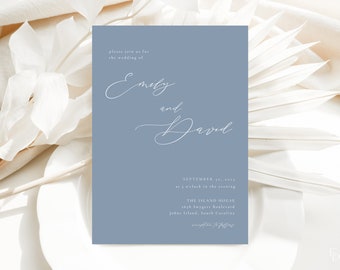 Minimalist Dusty Blue Wedding Invitation Template with Photo | CELINE Collection