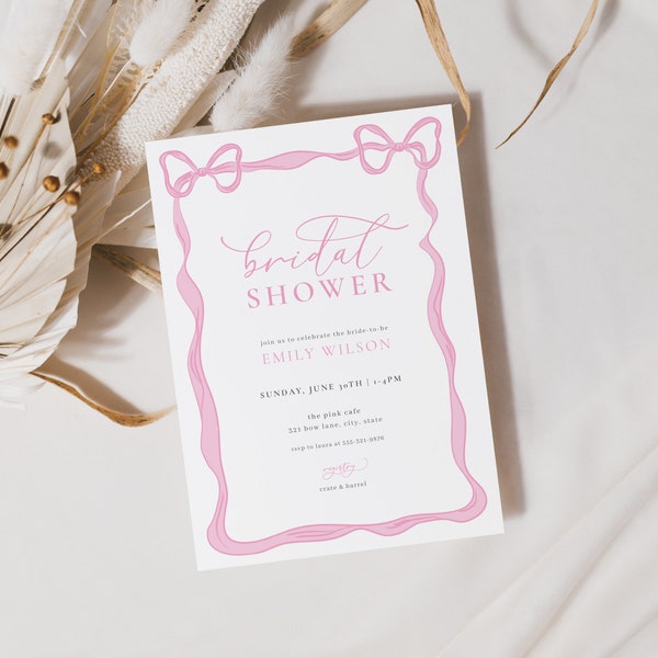 Pink Bow Bridal Shower Invitation Template for Pretty Pink Ribbon Bridal Shower Invite | ALINA Collection