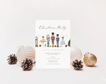 May include: A white Christmas party invitation with a watercolor illustration of the Nutcracker and a ballerina. The text reads "Christmas Party" and includes the date and time of the party.