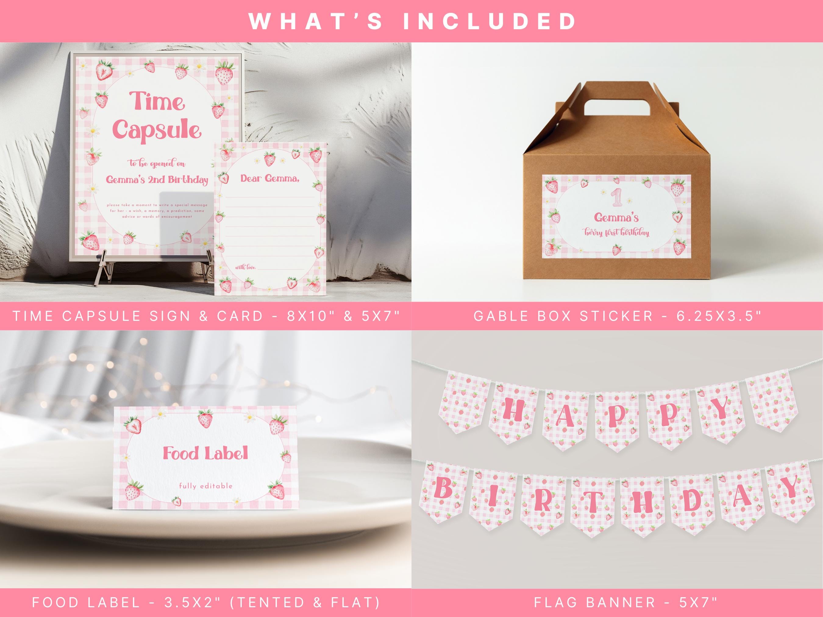 Strawberry Berry First Birthday Bundle Template for Pink Gingham Girl ...