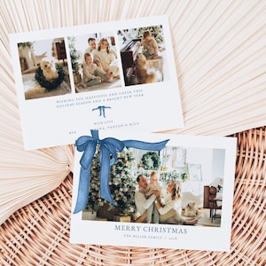 Blue Bow Christmas Card Template for Landscape Velvet Blue Coquette Bow Garland Christmas Holiday Family Photo Card | NATHANIEL Collection