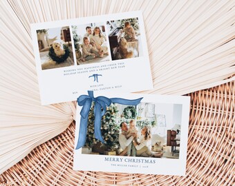 Blue Bow Christmas Card Template for Landscape Velvet Blue Coquette Bow Garland Christmas Holiday Family Photo Card | NATHANIEL Collection