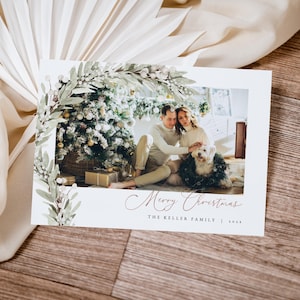 Christmas Garland Photo Holiday Card Template for Landscape Sage Green Christmas Family Photo Christmas Card | DOUGLAS Collection