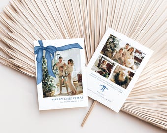 Blue Bow Christmas Card Template for Velvet Blue Coquette Bow Garland Christmas Holiday Family Photo Card | NATHANIEL Collection