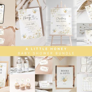 A Little Honey Bee Baby Shower Invitation Bundle Template : Invite, Signs, Games, Cards, Favor Tags, Labels Templates | MIELA Collection