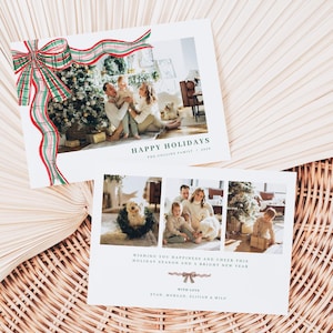 Christmas Plaid Bow Photo Holiday Card Template for 2-Sided Landscape Red and Green Ribbon Family Photo Christmas Card | CLARENCE Collection