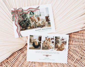 Christmas Plaid Bow Photo Holiday Card Template for 2-Sided Landscape Red and Green Ribbon Family Photo Christmas Card | CLARENCE Collection