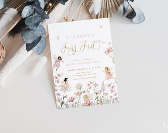 Fairy First Birthday Invitation Template Editable Fairy Birthday Whimiscal Fairy Girl 1st Birthday Invite Digital Download | FAYE Collection