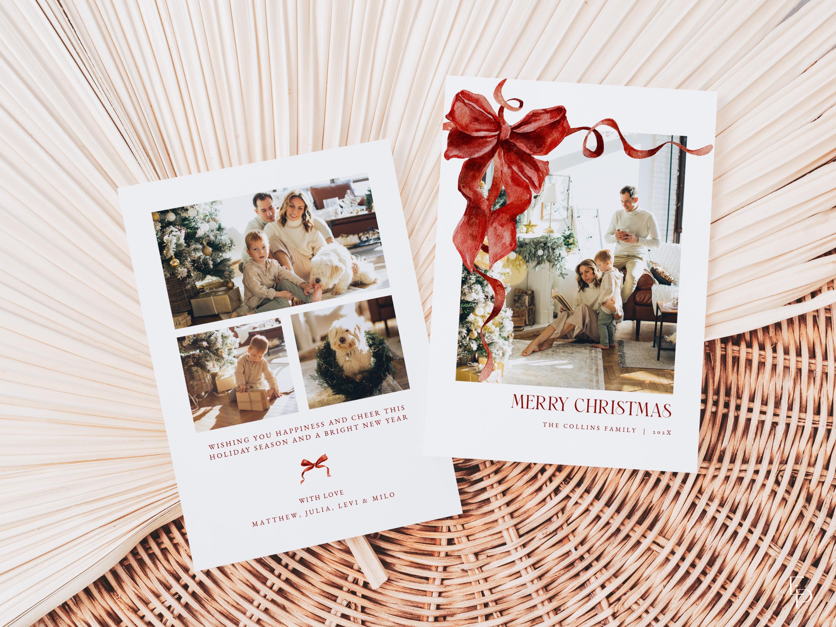 Red Bow Christmas Card Template for Editable Classic Coquette Christmas ...
