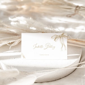 Ivory Bow Place Card Template for White Ribbon Bridal Shower Name Card or Buffet Card | THEODORA Collection