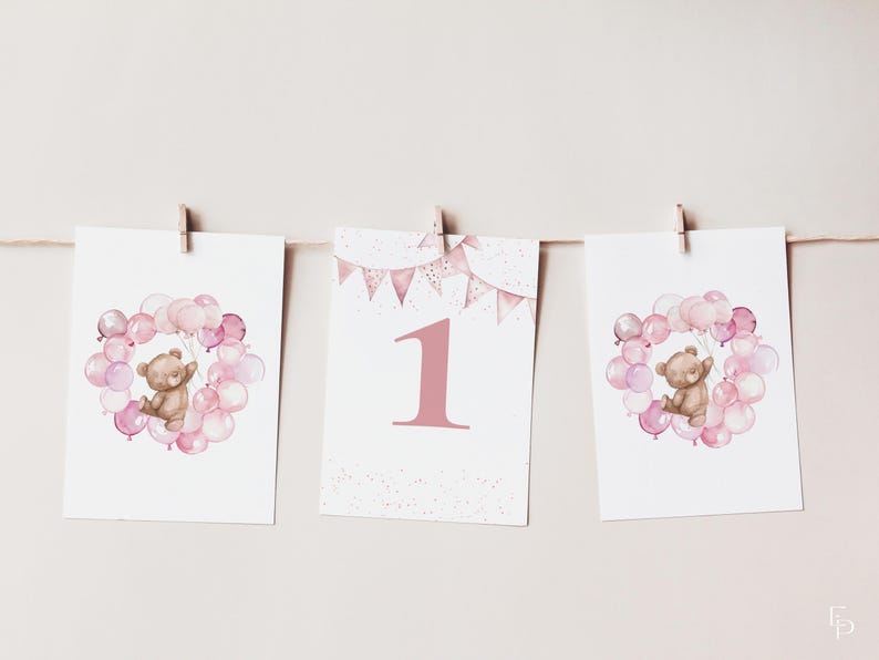 Pink Beary First Birthday Flag Banner Template for Balloons & Bear Girl ...
