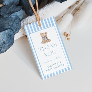 Teddy Bear Baby Shower Favor Tag Template for Preppy Blue Stripes Blue Boy Bearly Wait Baby Shower Favor Tags | ARTHUR Collection